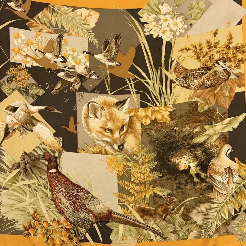 Salvatore Ferragamo 100% Silk Scarf Fox Pheasant Ducks Birds Needs TLC